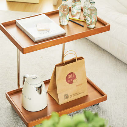 Minimalist Wood Metal 2-Tier Wheeled End Table
