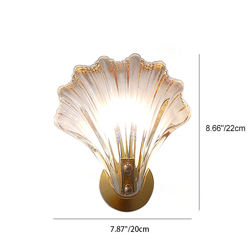 Art Deco Scalloped Shell Amber Glass Brass Wall Sconce