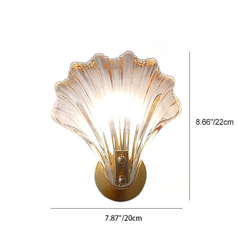 Art Deco Scalloped Shell Amber Glass Brass Wall Sconce
