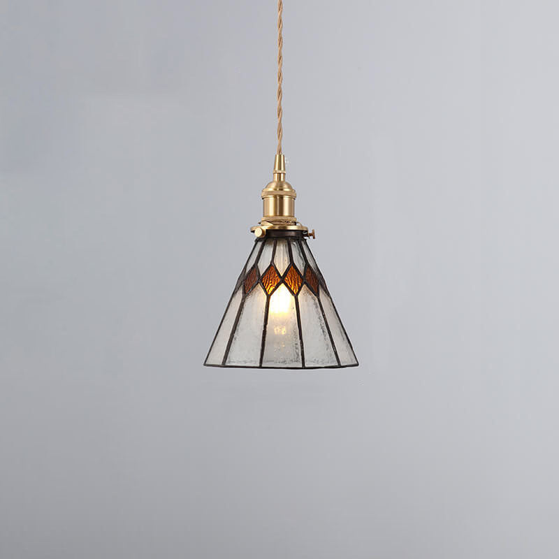 Japanese Vintage Brass Stained Glass Cone Pendant