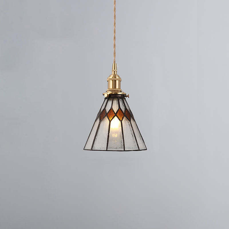 Japanese Vintage Brass Stained Glass Cone Pendant