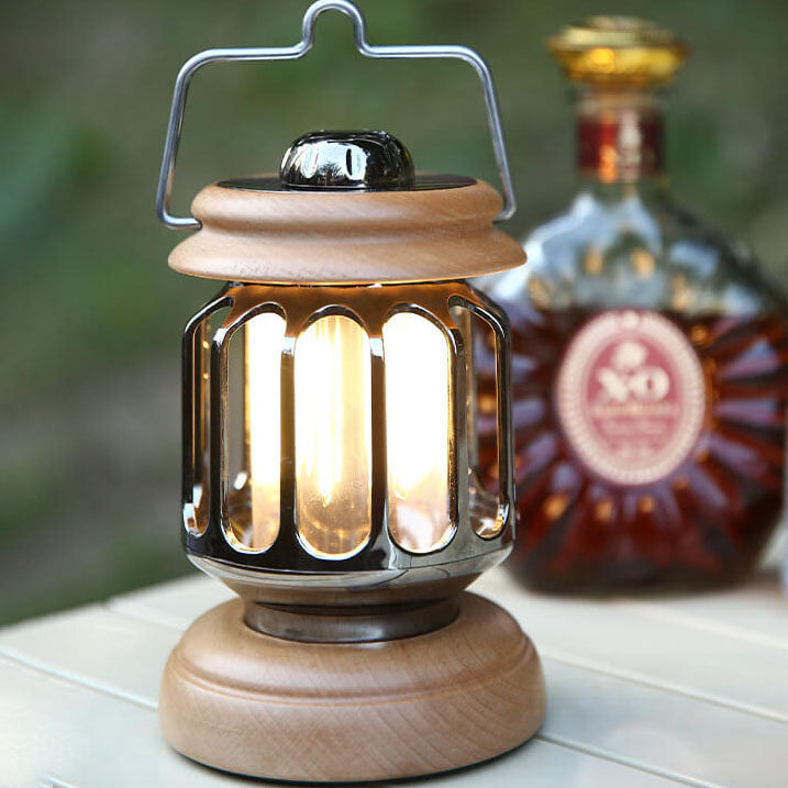Vintage Teapot Wood Base LED Rechargeable Camping Light