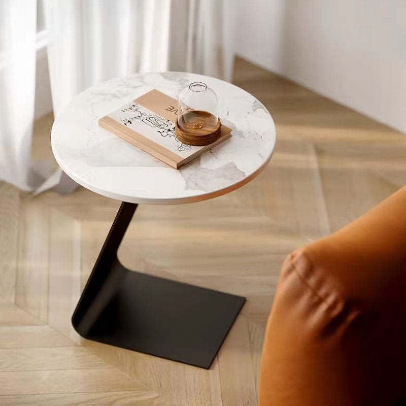 Scandinavian Round Rock Slab Iron Coffee Table — White