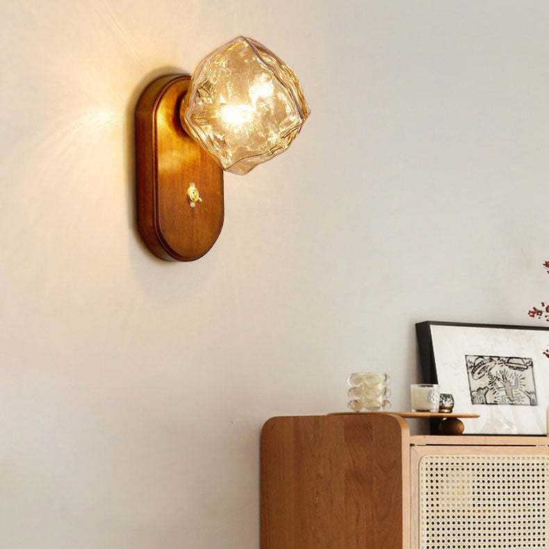 Japanese Oval Ice Cube Solid Wood Glass Sconce