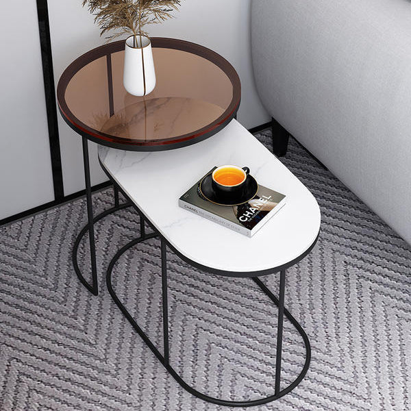 Nordic Oval Glass Rock Slab Steel Coffee Table — Gold Frame