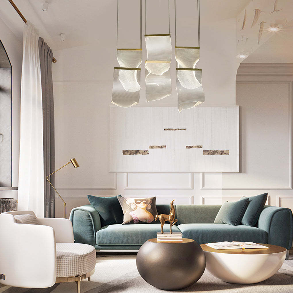 Lighom modern irregular curled acrylic chandeliers — 31" L x 4" W / Warm White (3000K) / 6-Light