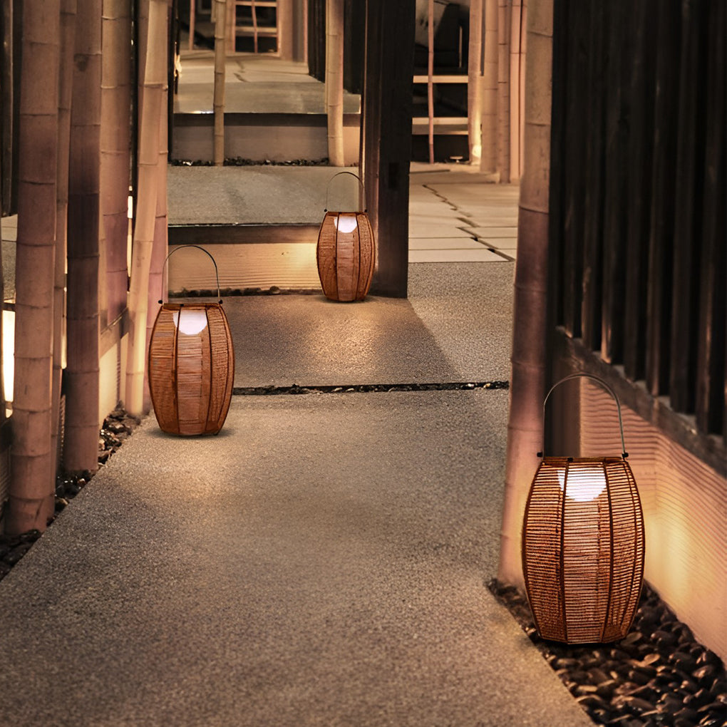 Rattan Lantern Shaped LED Waterproof Portable Modern Outdoor Floor Lamp-Lighom