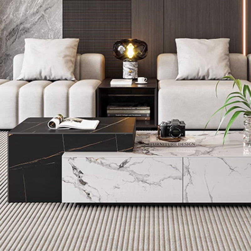 Minimalist Rectangular Rock Plate Wood Coffee Table — 4 Drawers / G