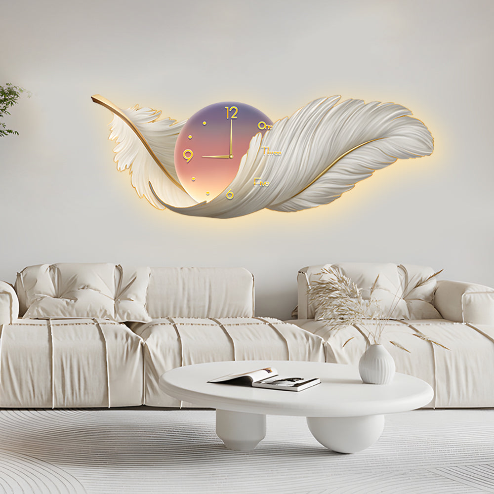 2-In-1 Wall Feather Painting Hanging Decor LED Wall Lamp Wall Clock-Lighom