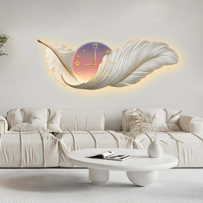 2-In-1 Wall Feather Painting Hanging Decor LED Wall Lamp Wall Clock-Lighom