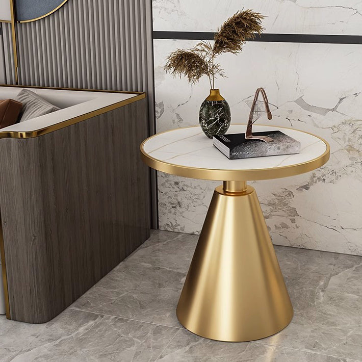 Contemporary Round Sintered Stone Metal Coffee Table — White Tabletop + Black Base