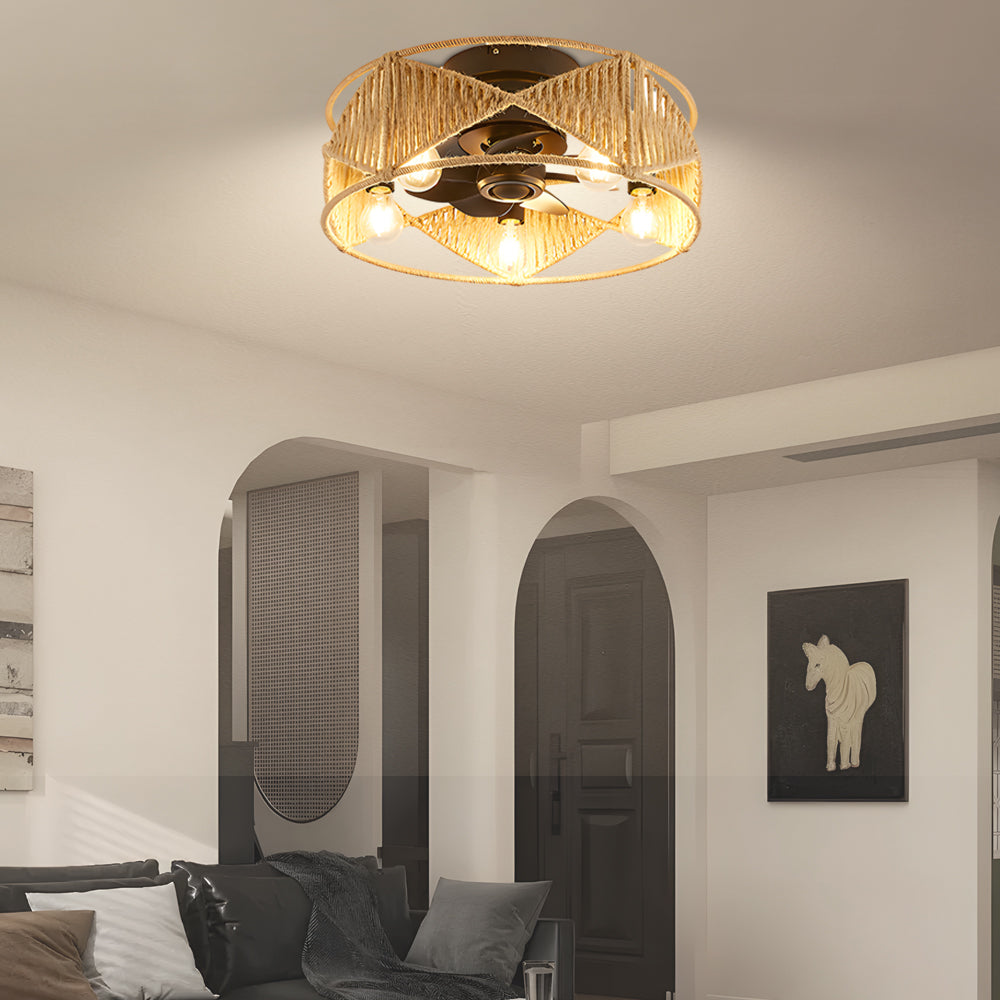 20" Hemp Rope-Woven Caged Remote Ceiling Fan