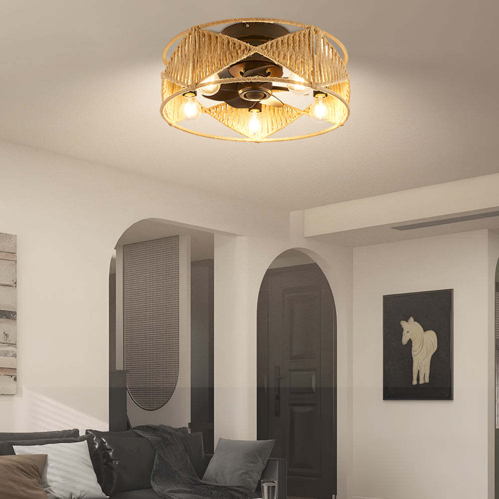 20" Hemp Rope-Woven Caged Remote Ceiling Fan