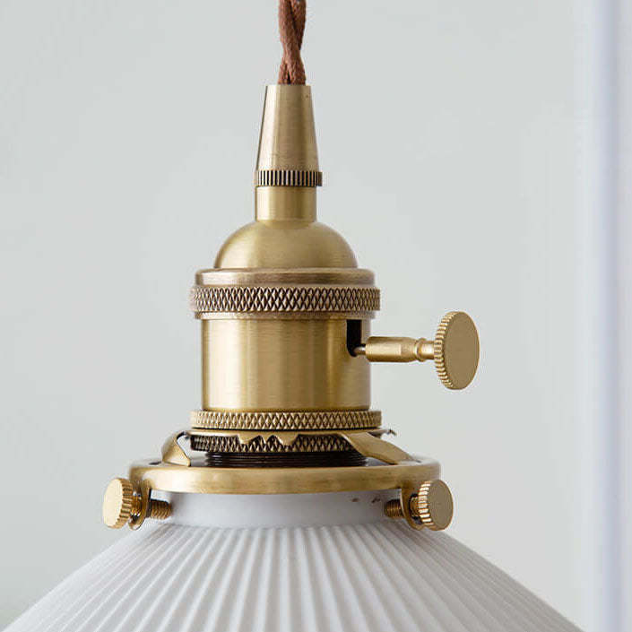 Japanese Pleated Ceramic Cone Brass Pendant Light