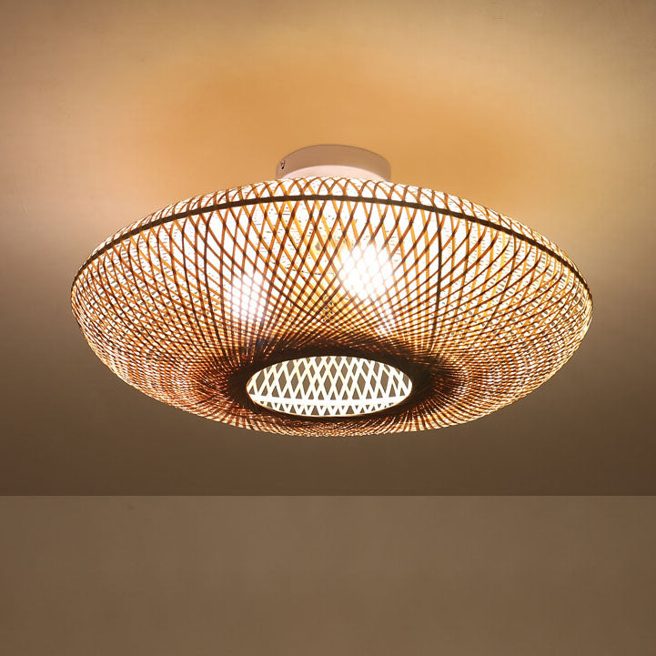 Japanese Bamboo Flying Saucer 3-Light Semi-Flush Light
