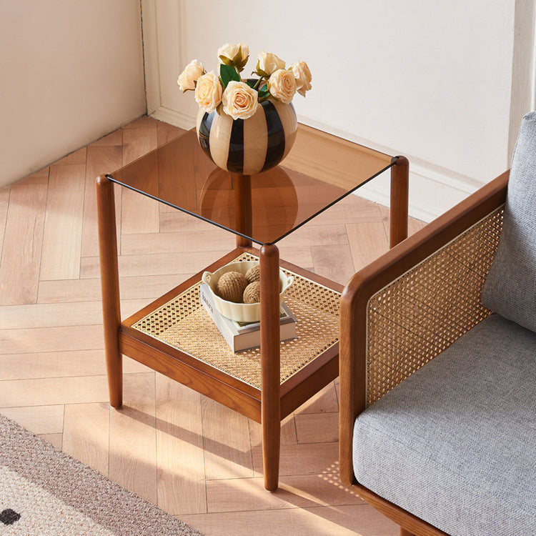 Japanese Woven Ash Wood Glass 2-Tier End Table