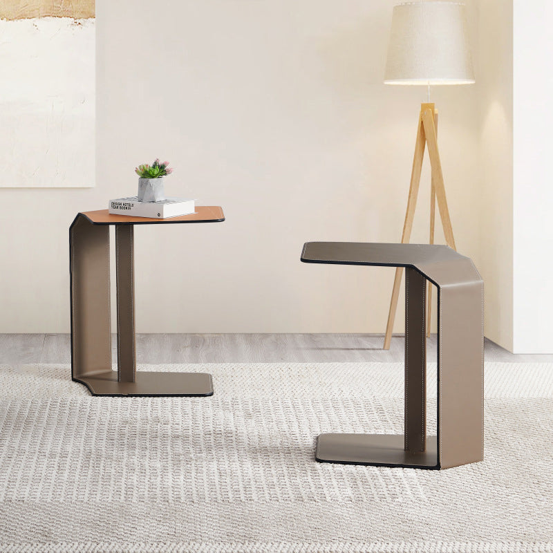 Modern Saddle Leather Steel Side Table — Gray Table Top + Gray Frame