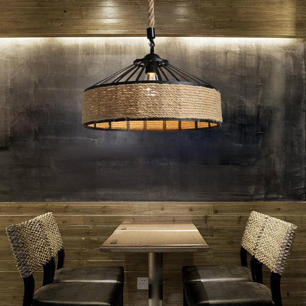 Traditional Rustic Iron Hemp Rope Pendant Light