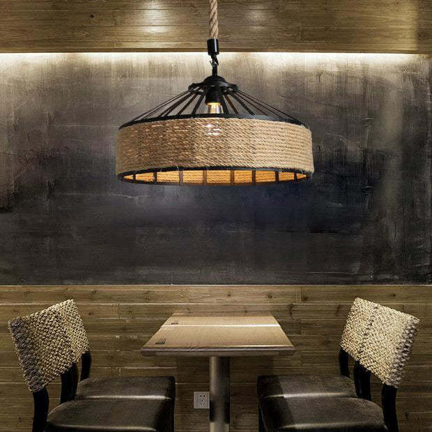 Traditional Rustic Iron Hemp Rope Pendant Light