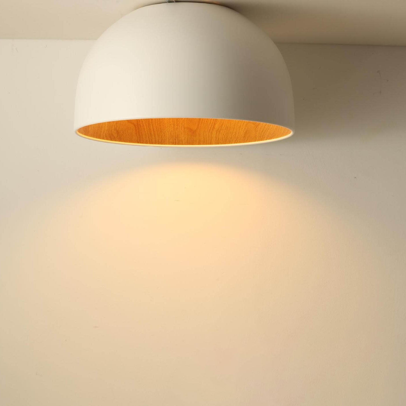 Black iron bowl wooden flush mount lighting - minimalist — 8.66" H x 12.6" Dia / Slant / Warm White (3000K)