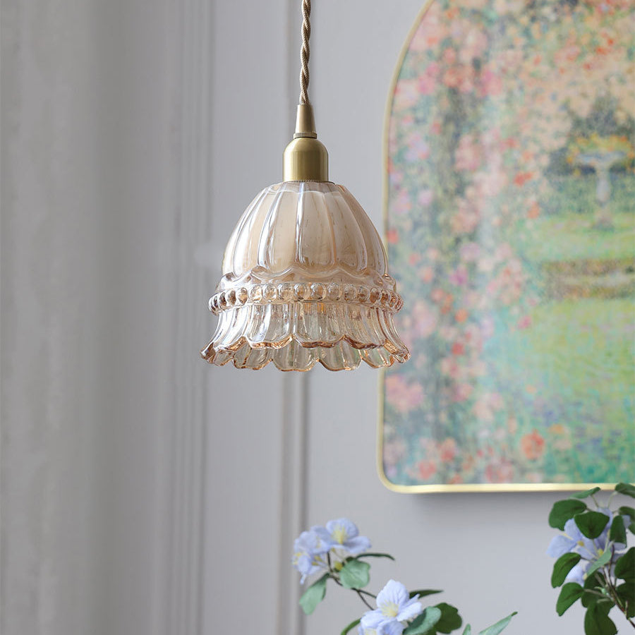 French Pastoral Walnut Jellyfish Glass Pendant Light