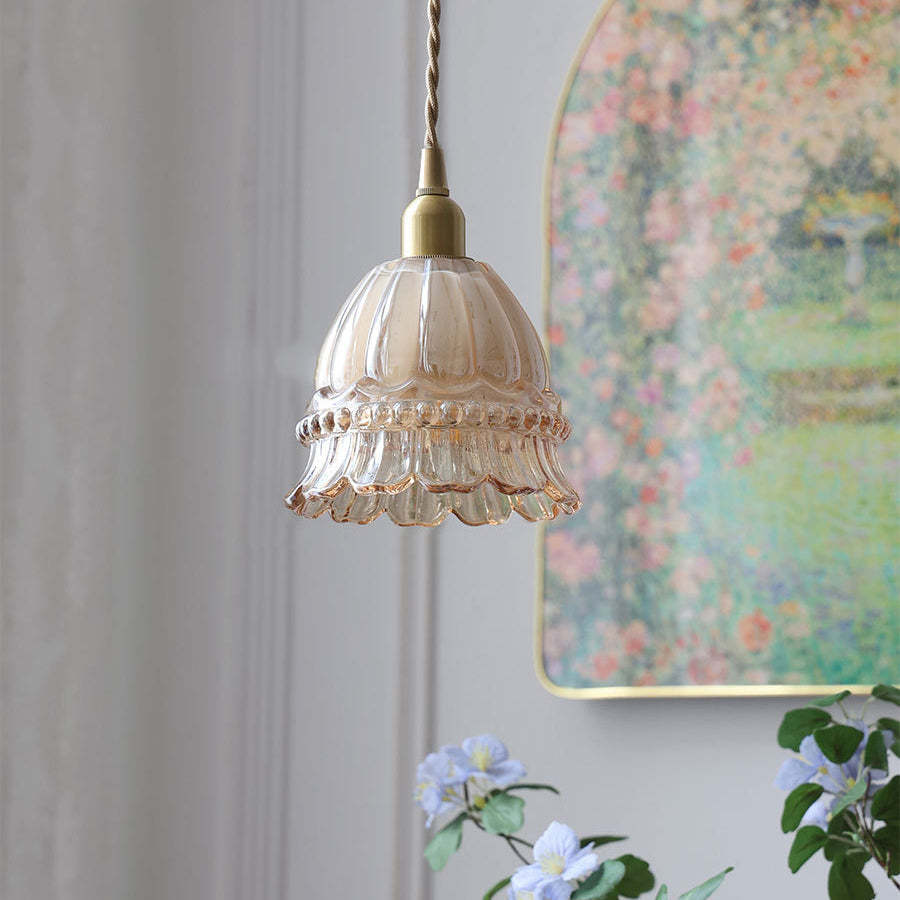 French Pastoral Walnut Jellyfish Glass Pendant Light