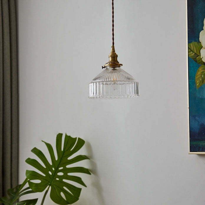 Scandinavian Round Striped Glass Brass Pendant Light