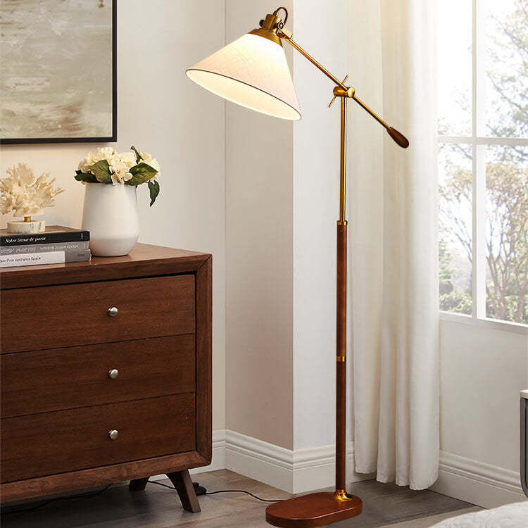 Nordic Vintage Fabric Cone Metal Ash Wood Floor Lamp — Black Walnut + Linen Shade / 110V-120V For US/CA