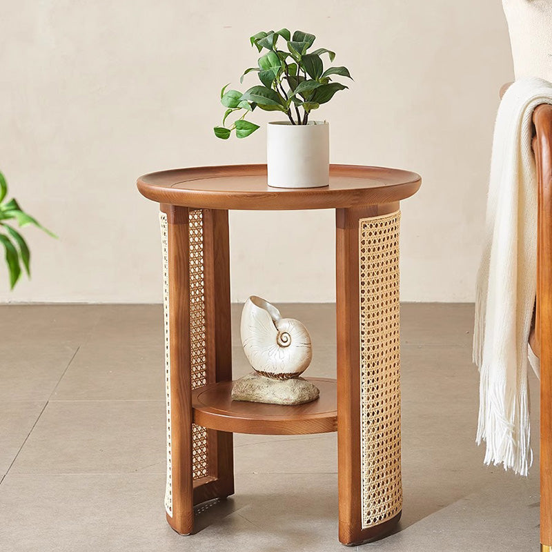 Japanese Rattan Wood Marble 2-Tier Coffee Table