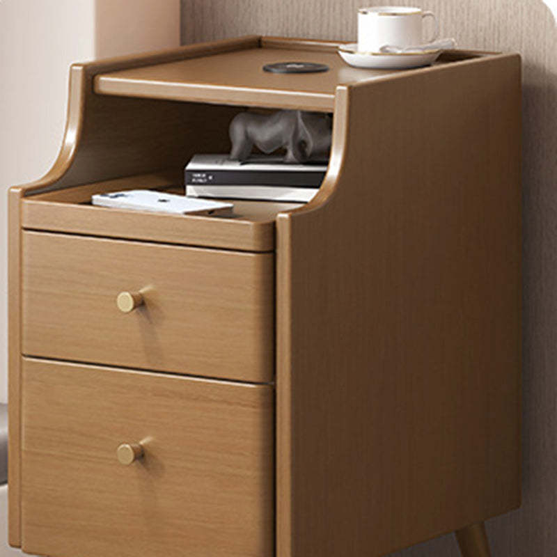 Minimalist Narrow Wood 2-Drawer Nightstand — With USB / Beech Wood Color