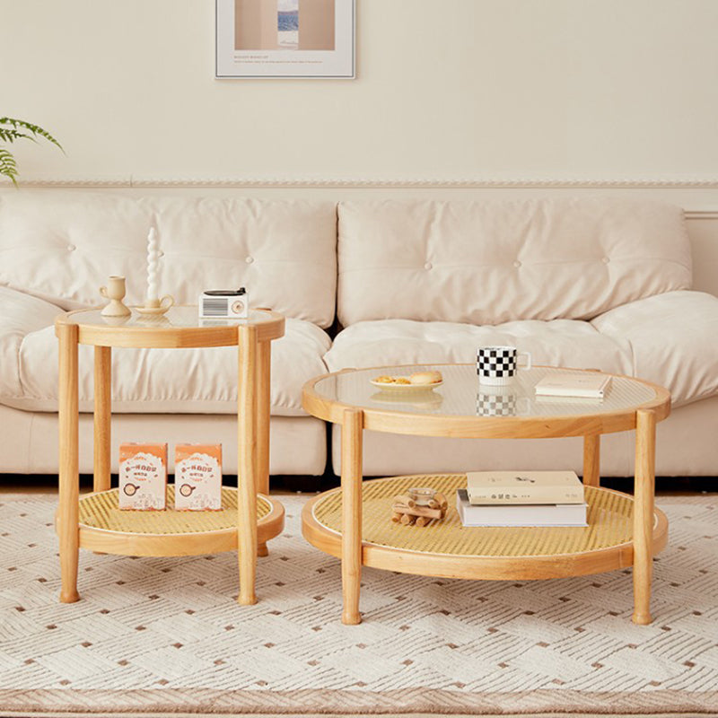 Minimalist Solid Wood Glass Rattan Coffee Table — Original Wood Color
