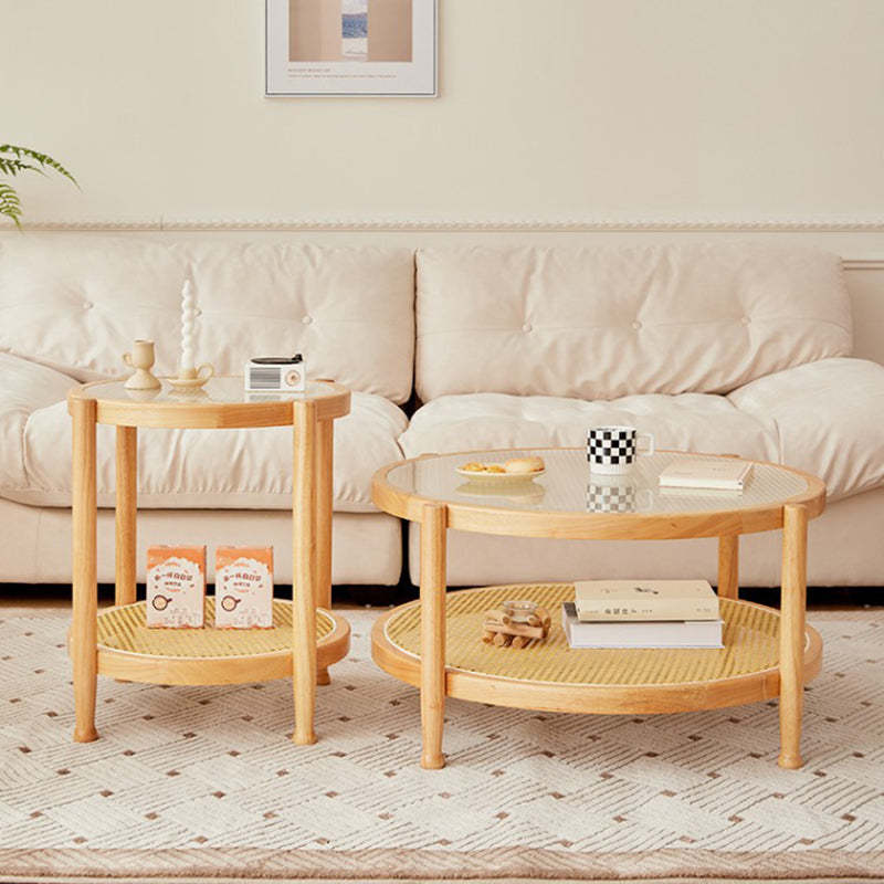 Minimalist Solid Wood Glass Rattan Coffee Table — Original Wood Color