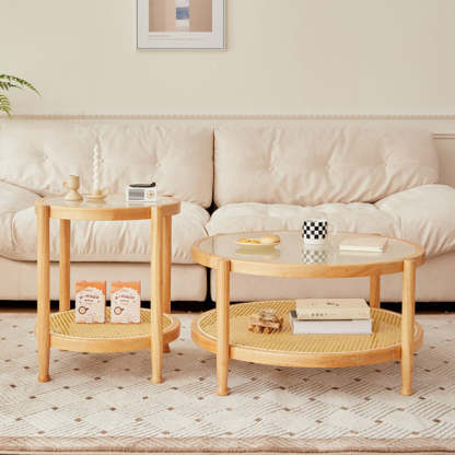 Minimalist Solid Wood Glass Rattan Coffee Table — Original Wood Color
