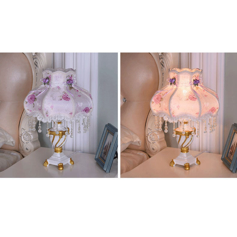 European Luxury  Fabric Lace Resin 1-Light Table Lamp