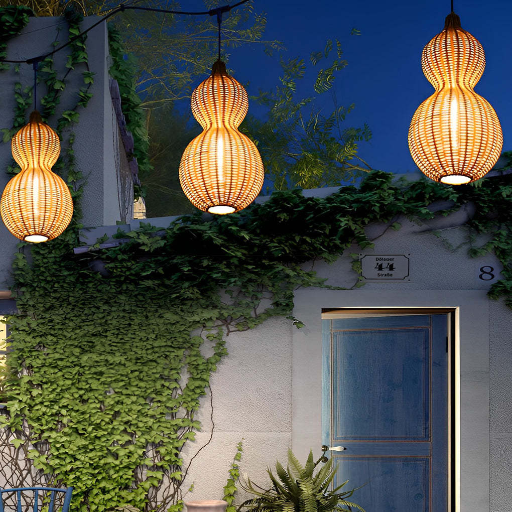 Woven Rattan Gourd Hanging Lamp Outdoor Pendant Light for Patio-Lighom