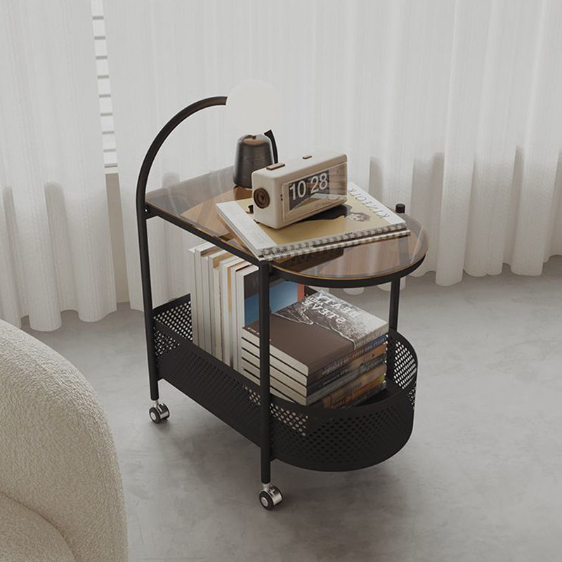 Contemporary Glass Iron Round Rolling Side Table 2-Tier