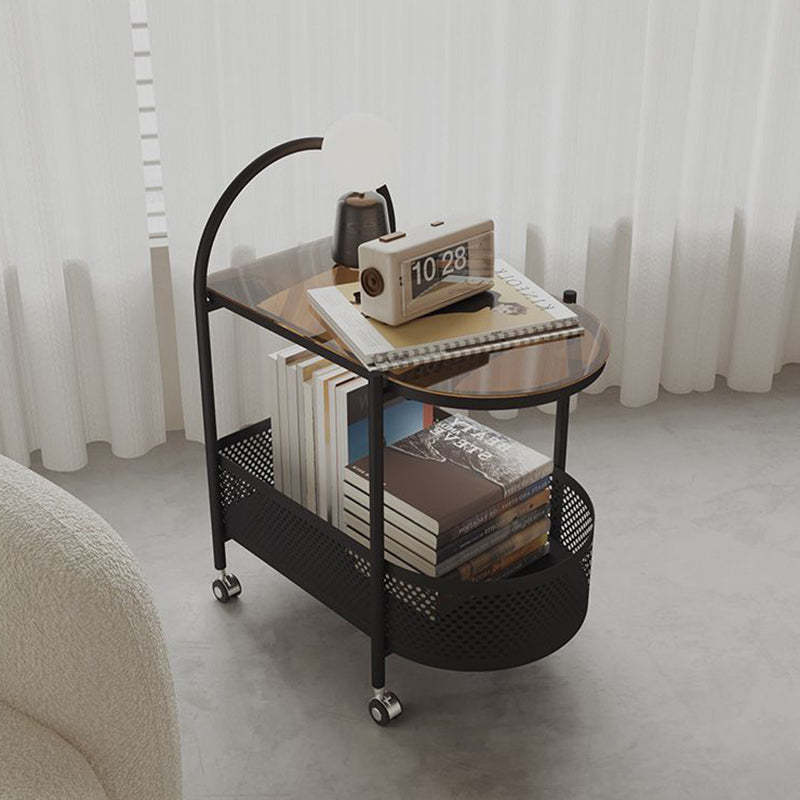 Contemporary Glass Iron Round Rolling Side Table 2-Tier