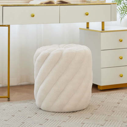 Scandinavian Lambswool Round Vanity Stool — White