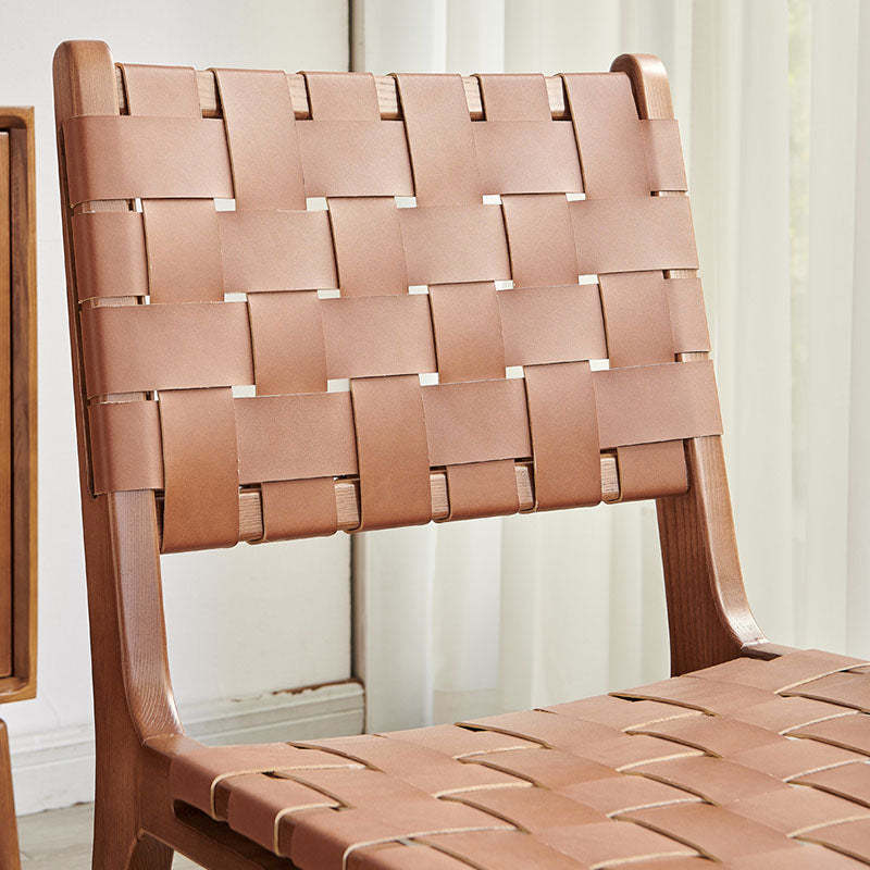 Scandinavian Woven Wood Saddle Leather Dining Chair