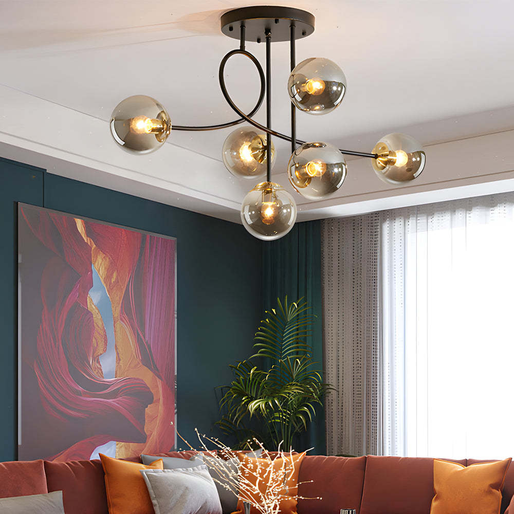 Gold Black Semi-Flush Chandelier with Glass Shade