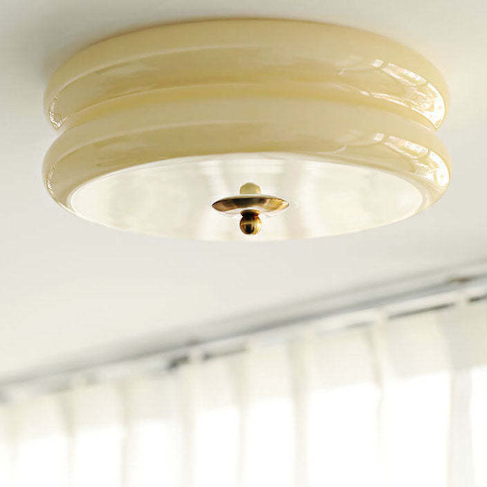 French Minimalist Cream Glass Round LED Flush Mount Light