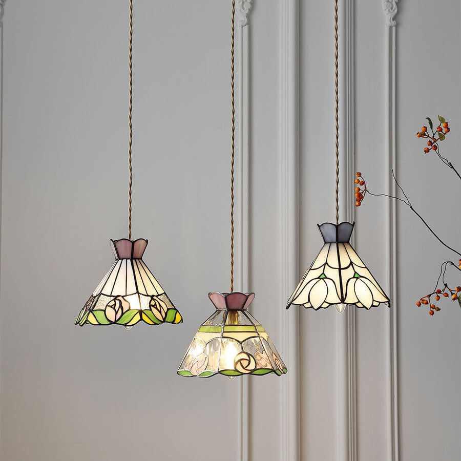 Vintage Tiffany Rose Conical Stained Glass Pendant Light