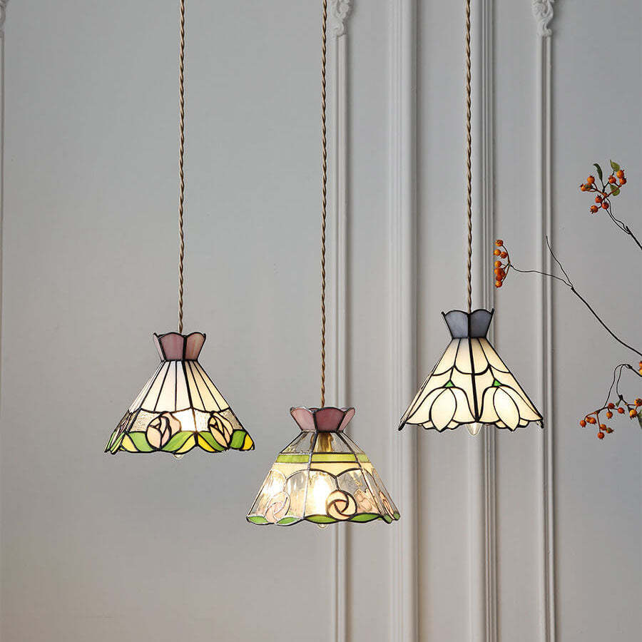 Vintage Tiffany Rose Conical Stained Glass Pendant Light