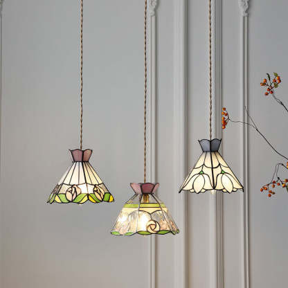 Vintage Tiffany Rose Conical Stained Glass Pendant Light