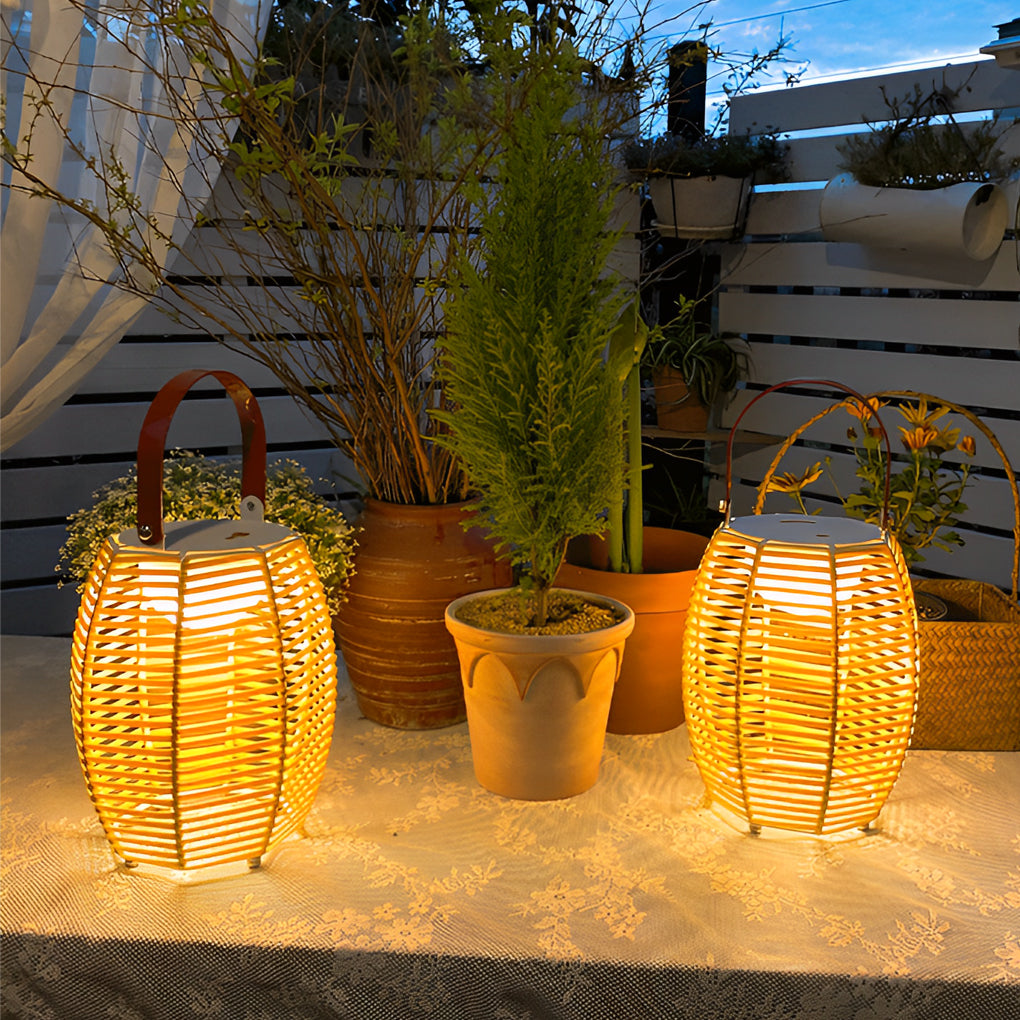 Portable Rattan Lantern LED Solar Outdoor Floor Lamp