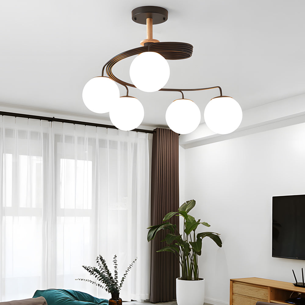 Glass Ball Spiral Metallic Semi-Flush Ceiling Light