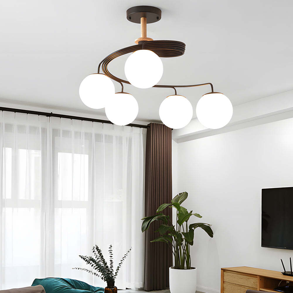 Glass Ball Spiral Metallic Semi-Flush Ceiling Light