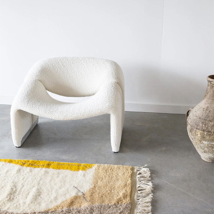 Scandinavian Curved Stainless Steel Lambswool Accent Chair — Leathaire - White