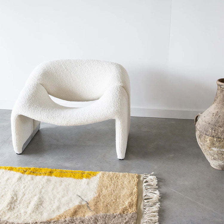 Scandinavian Curved Stainless Steel Lambswool Accent Chair — Leathaire - White