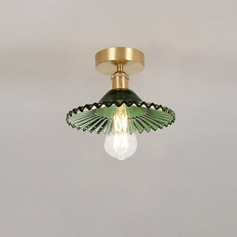 Japanese Vintage Brass Lotus Glass Semi-Flush Ceiling Light